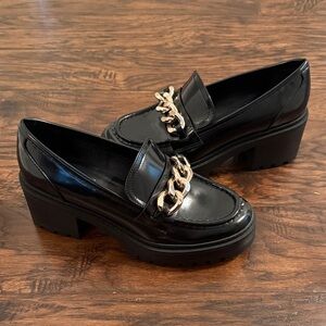 Guess Black Loafers with Gold Chain Accent